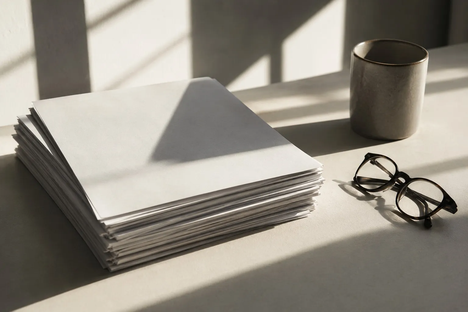 Pila ordenada de documentos impresos sobre un escritorio claro, junto a unos anteojos de lectura y una taza de cerámica, con la sombra de una ventana cruzando la superficie