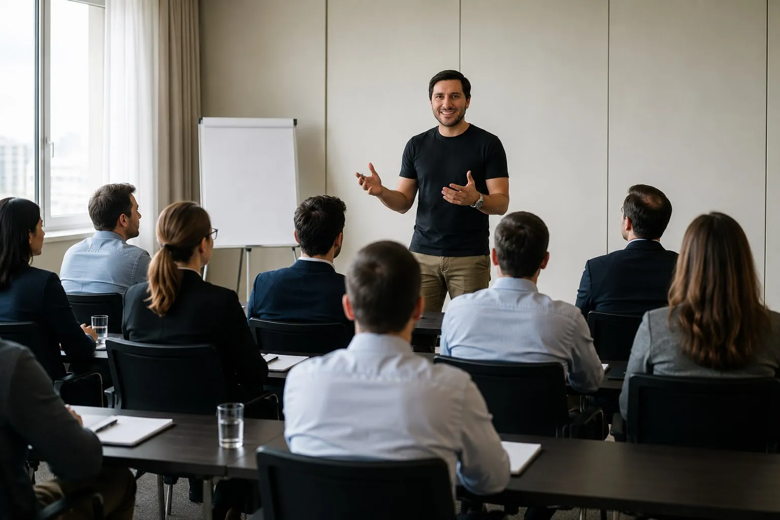 Instructor explicando frente a un grupo de ejecutivos en una sala de capacitación