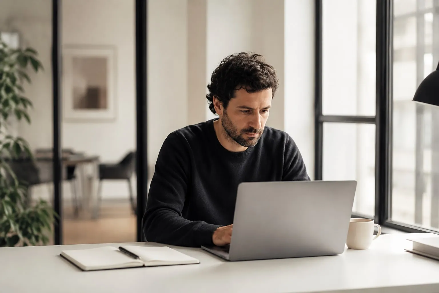 Persona trabajando con un computador portátil en una oficina luminosa