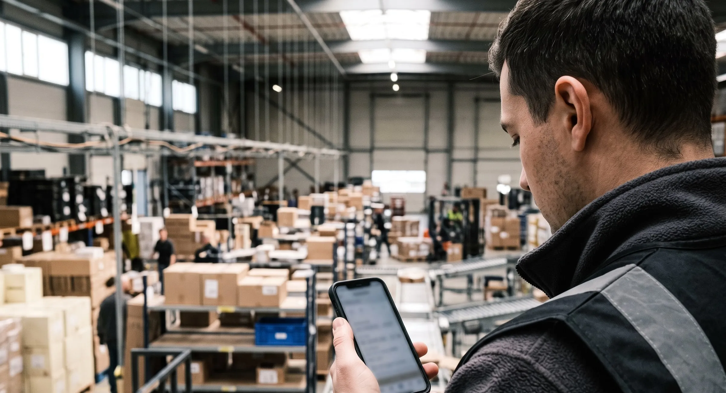 Operario de bodega consultando datos en su teléfono dentro de un centro de distribución