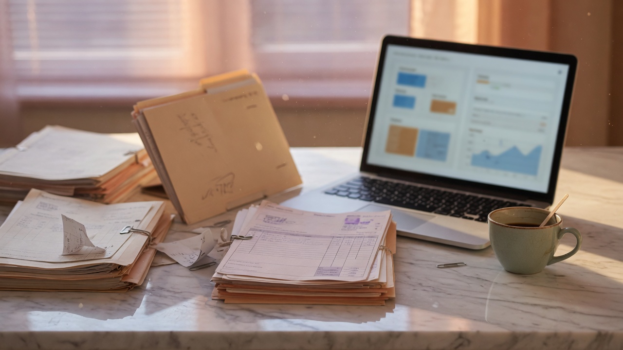 Escritorio de finanzas con documentos y un computador