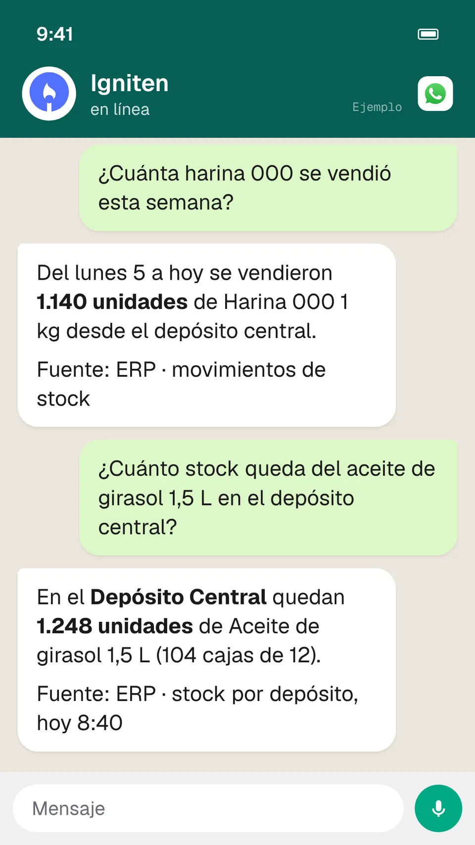 Consulta por WhatsApp: ¿Cuánto stock queda del aceite de girasol en el depósito central? Igniten responde con las unidades que quedan en el depósito, con datos de Tango Gestión (ejemplo)